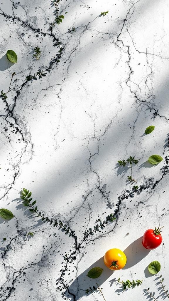 A close-up of colorful tomatoes and fresh leaves on a white surface.