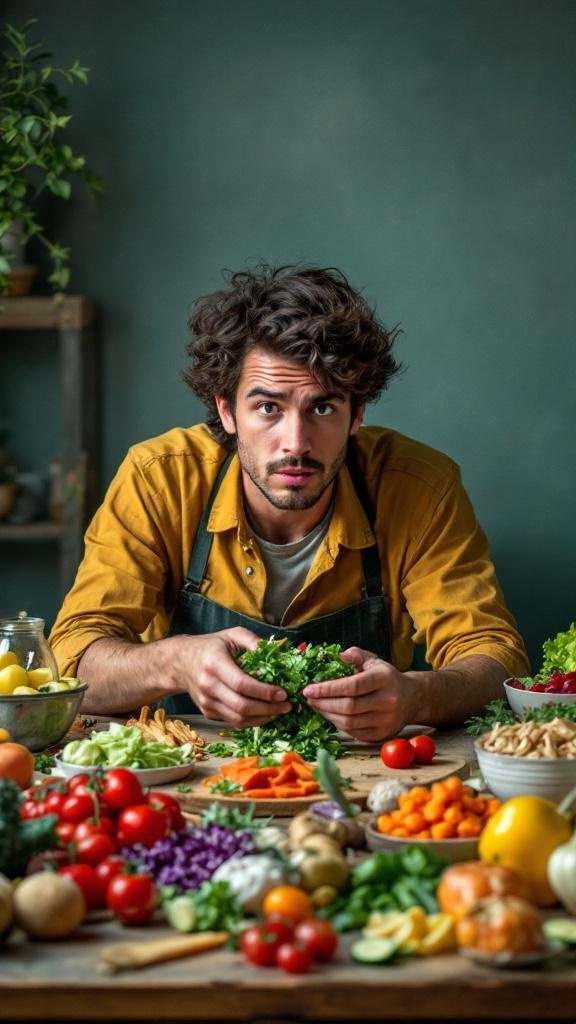 A person looking thoughtfully at a table filled with fresh vegetables and salad ingredients.