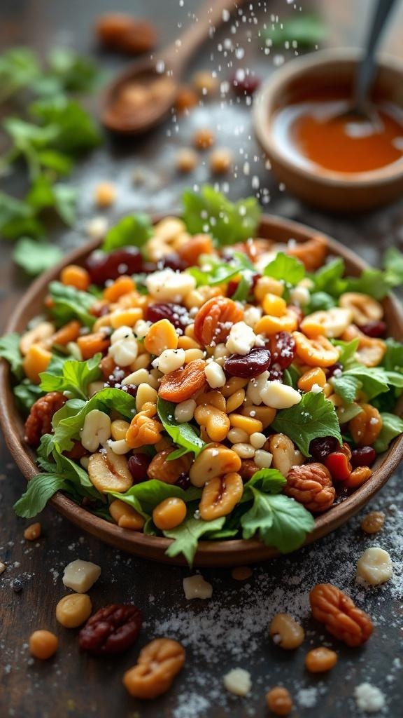 A colorful salad with nuts, beans, and greens, sprinkled with salt and honey in the background.
