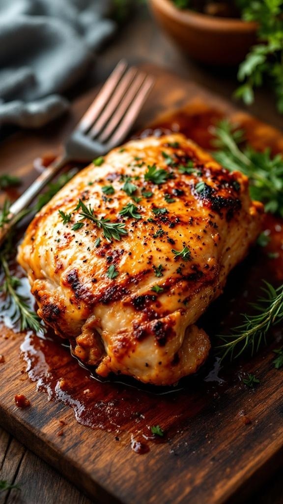 A perfectly cooked chicken thigh on a wooden cutting board, garnished with herbs.