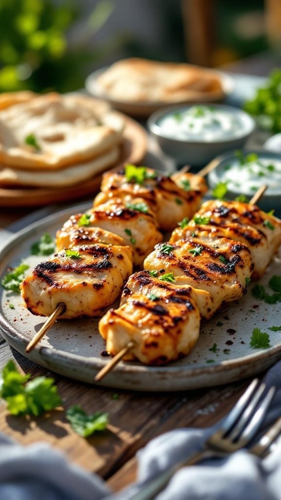 Grilled chicken souvlaki skewers with pita bread and yogurt dip