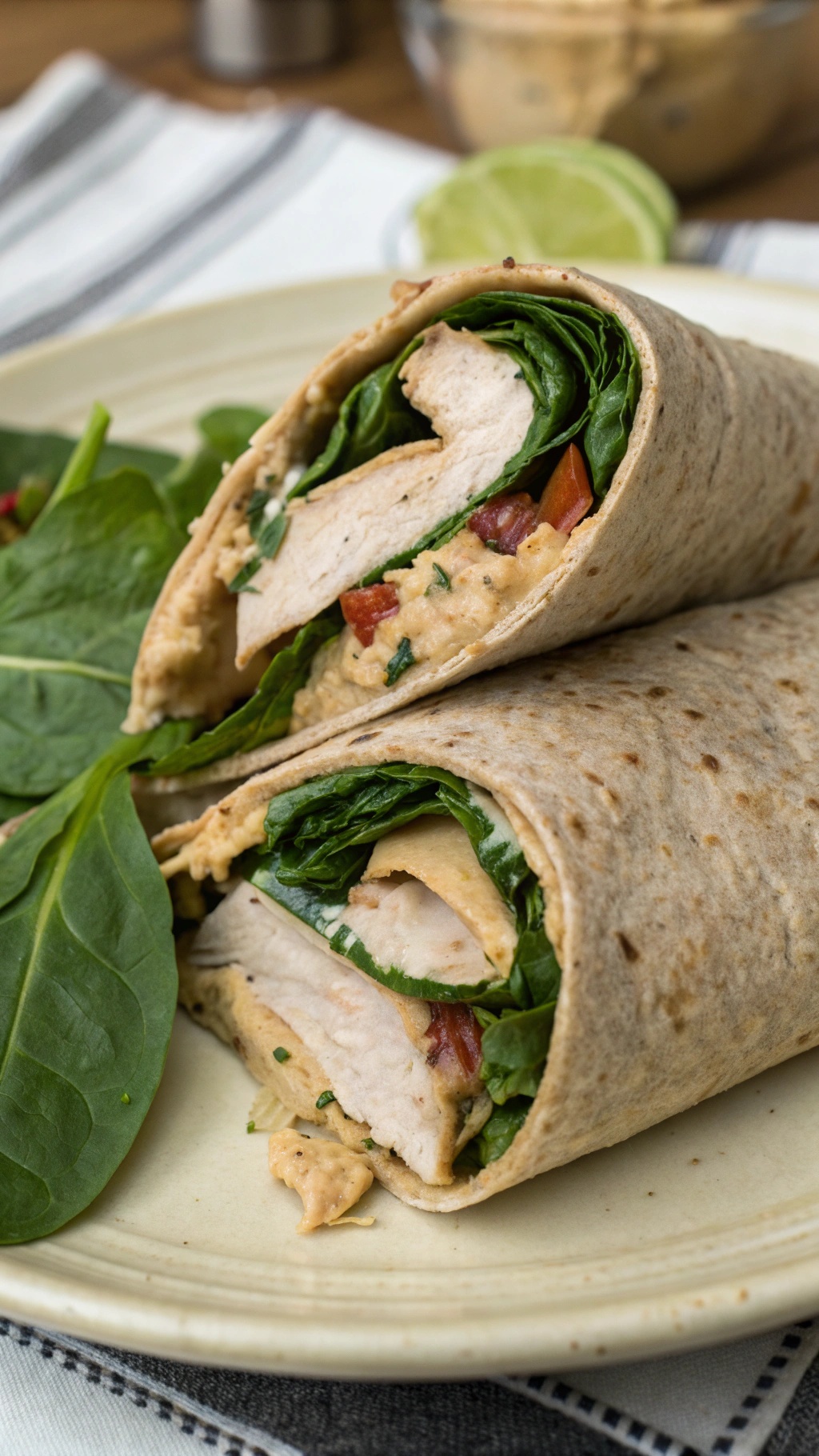 Turkey and spinach wraps on a plate, showcasing fresh ingredients and a healthy meal option.