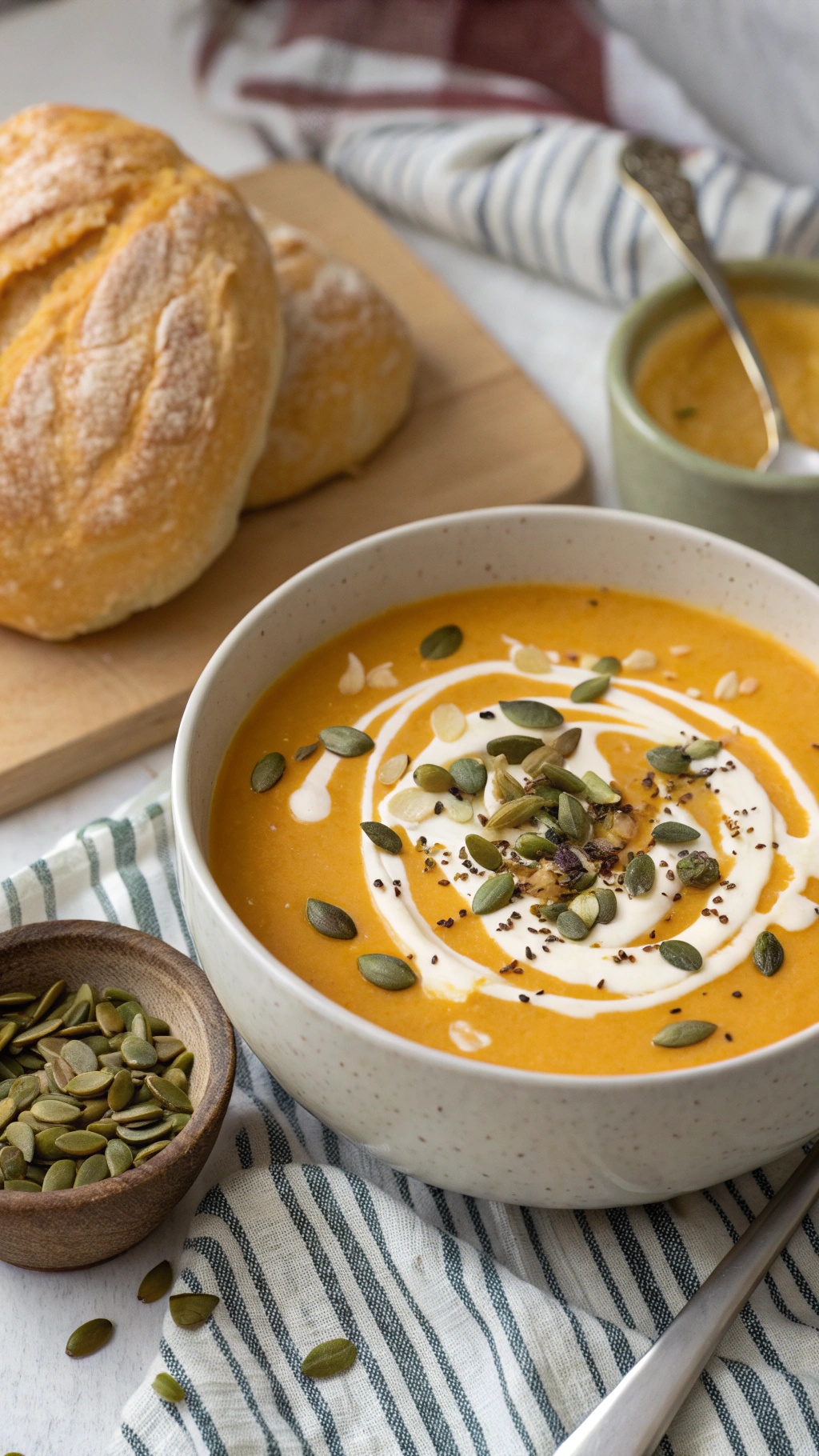 A bowl of creamy butternut squash soup topped with pumpkin seeds, served with crusty bread.