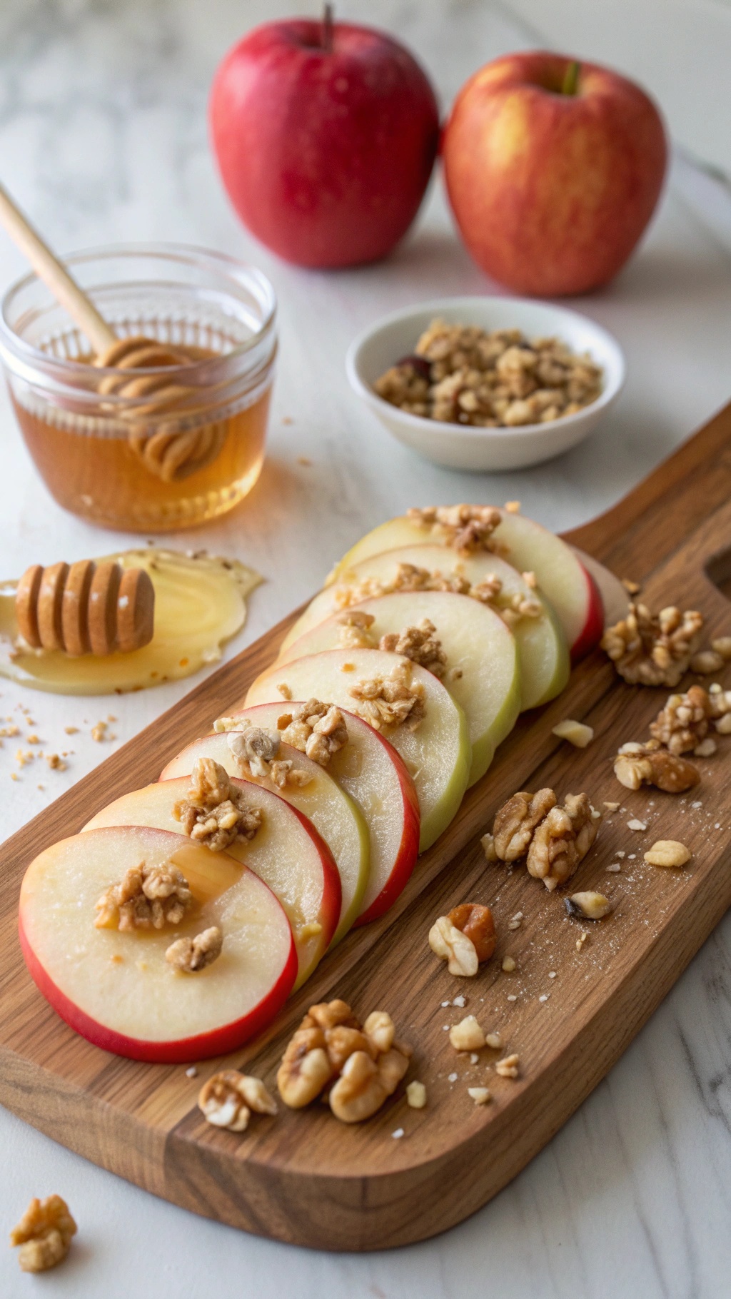 Nut butter apple slices topped with nuts and honey on a wooden board.