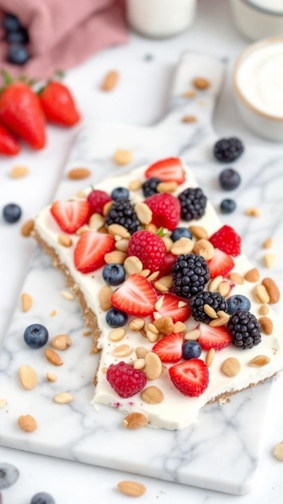 Yogurt bark topped with berries and nuts on a marble cutting board.