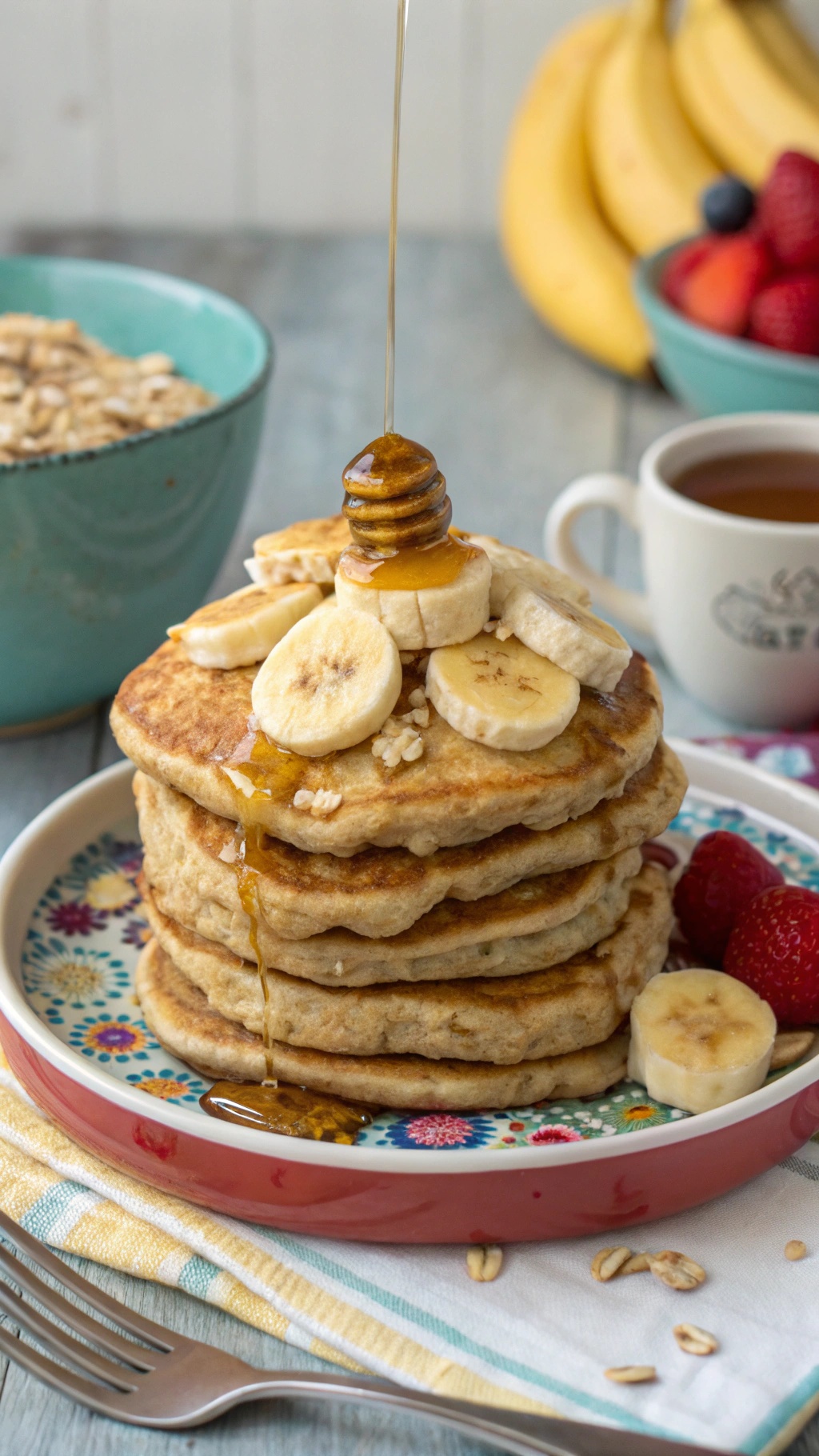 A stack of oats and banana pancakes topped with banana slices and honey, with a bowl of oats and berries in the background.