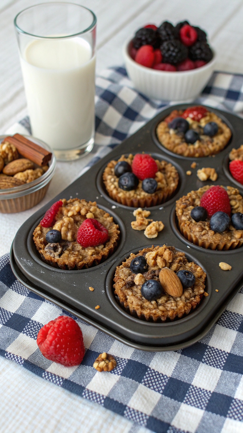 Baked oatmeal cups topped with berries and nuts, served with a glass of milk.