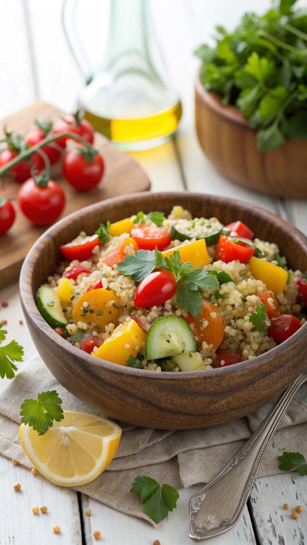 A vibrant quinoa salad with cherry tomatoes, cucumbers, bell peppers, and parsley in a wooden bowl.