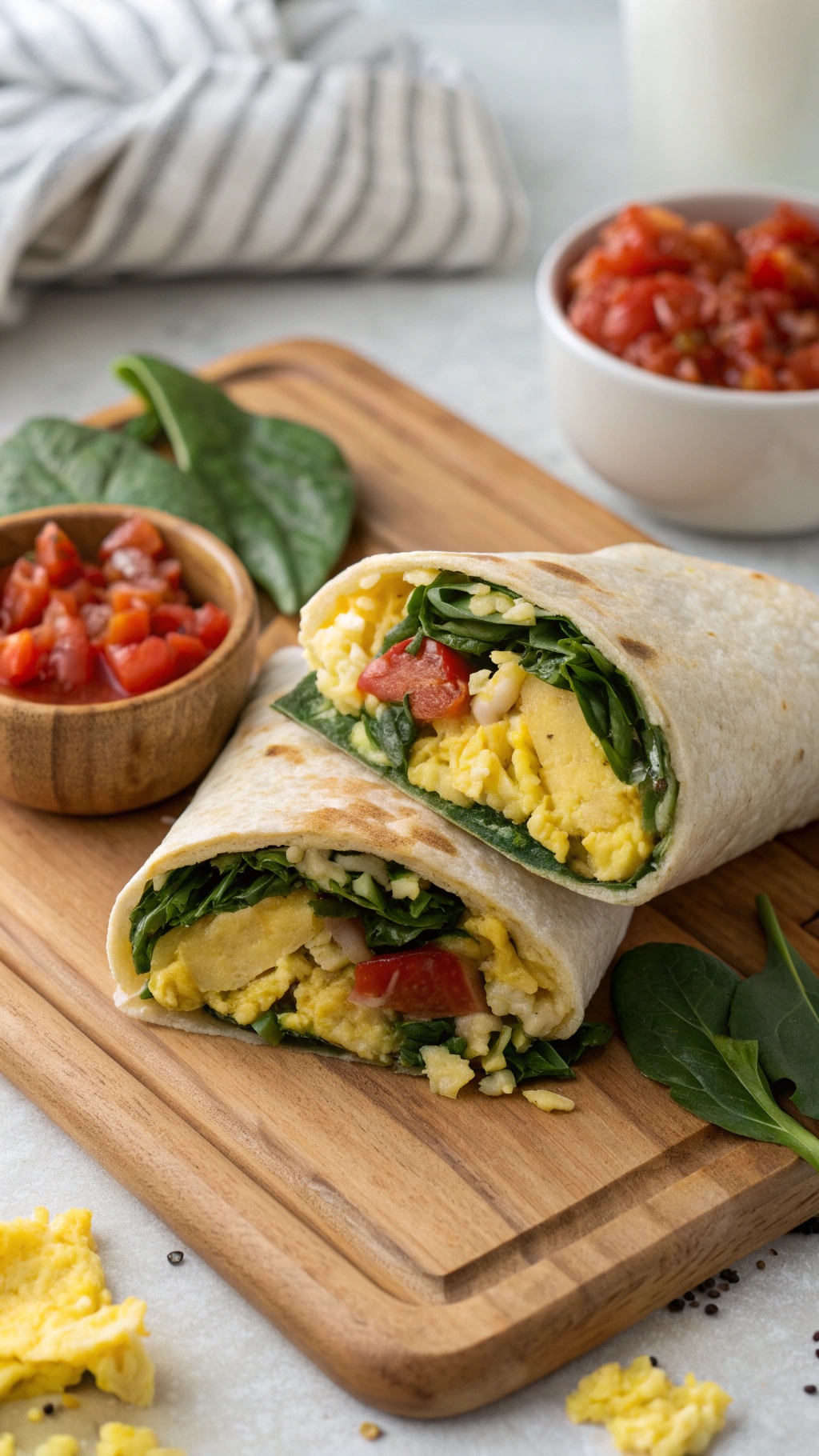 Egg and spinach breakfast wraps with diced tomatoes and salsa on a wooden board.