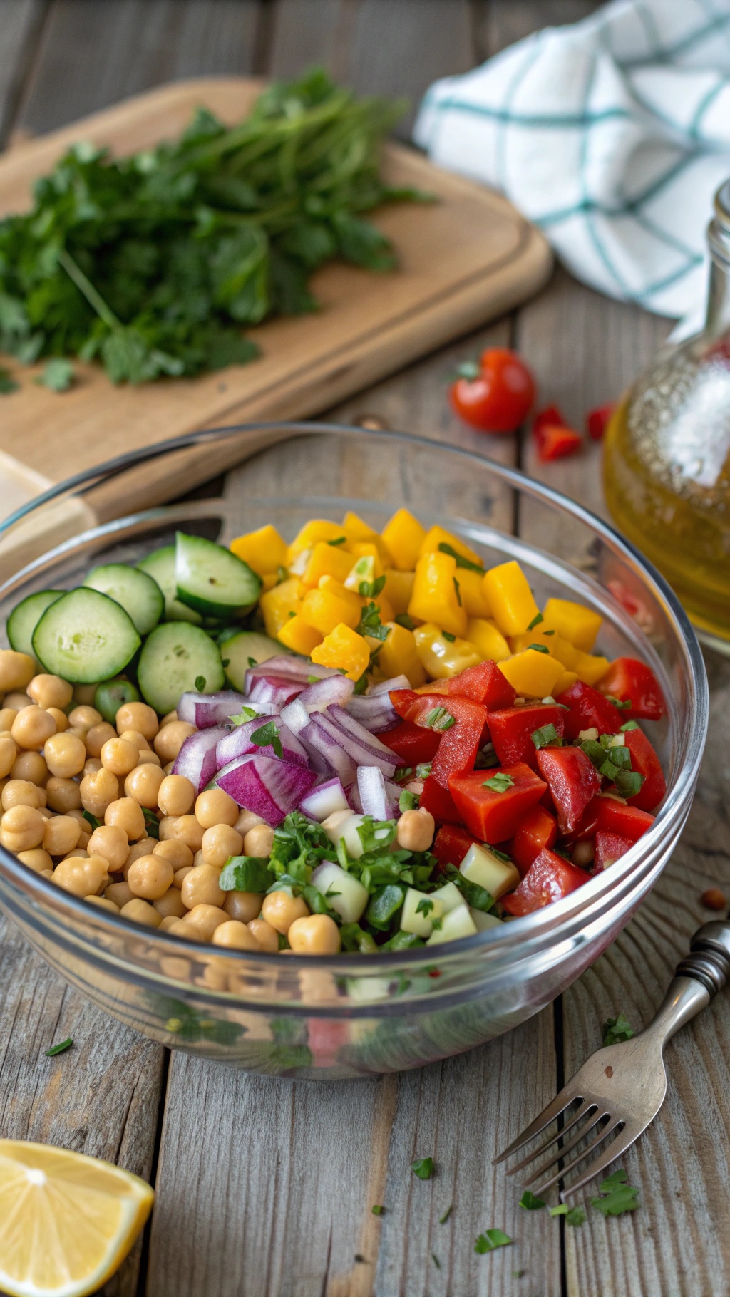 A bowl of Mediterranean Chickpea Salad with colorful vegetables and chickpeas.