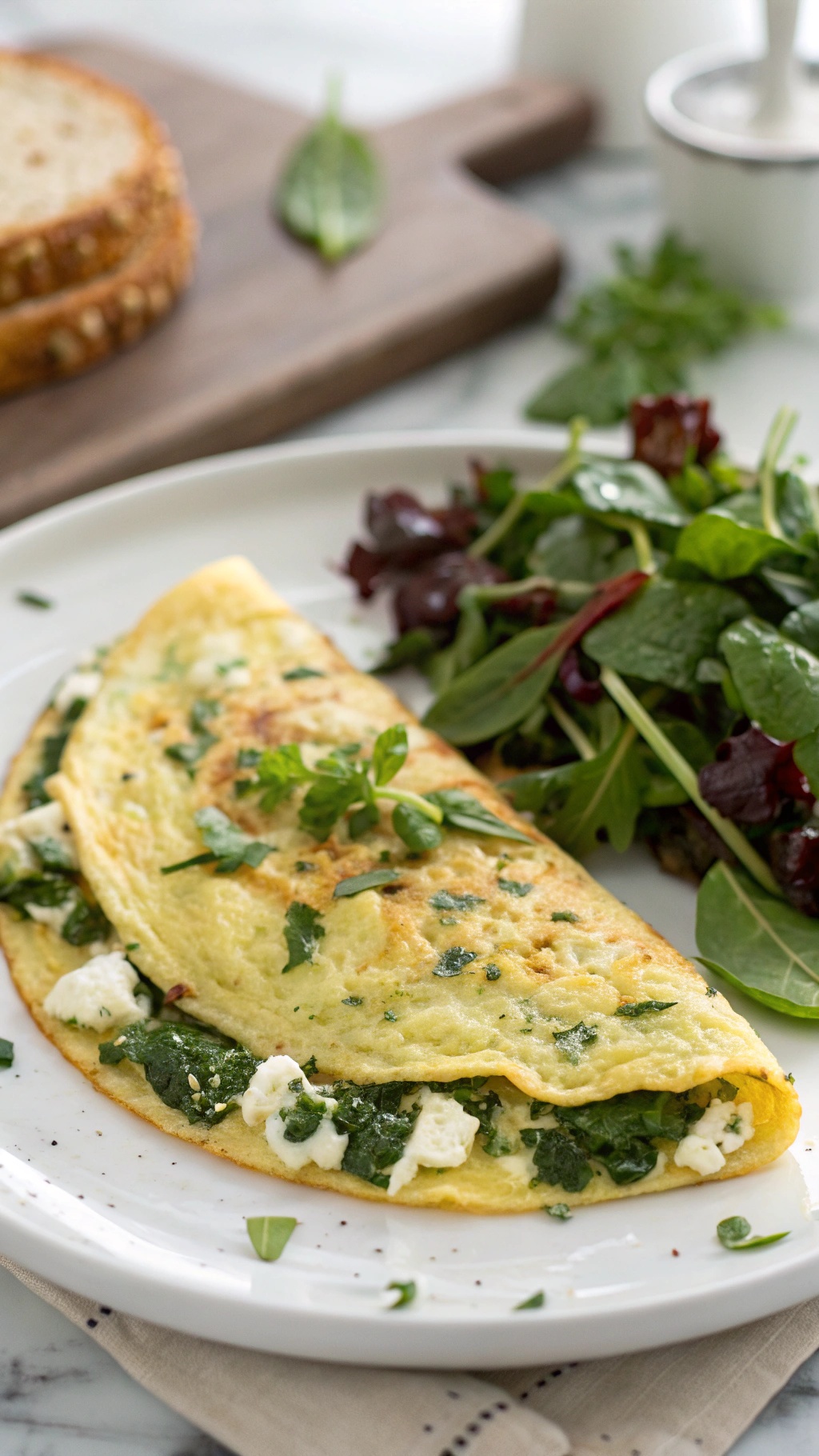 A delicious spinach and feta omelette served with a side salad and whole grain toast.