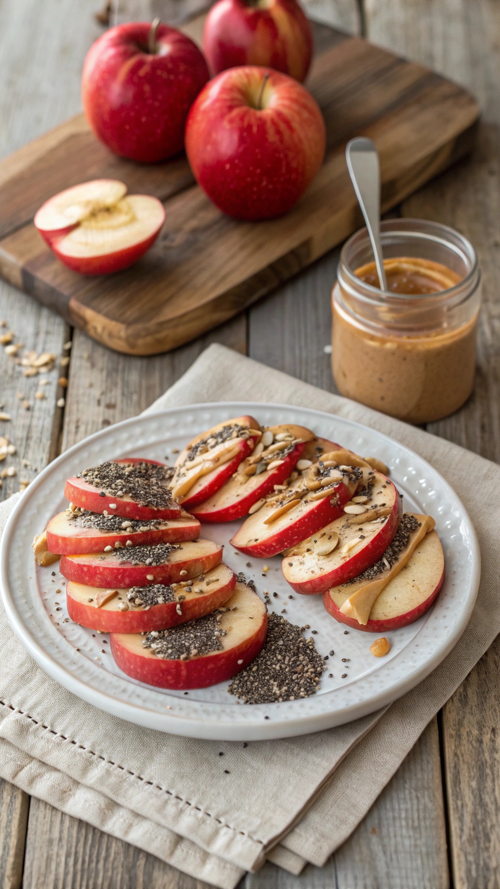 Plate of apple slices topped with almond butter, chia seeds, and sliced almonds.