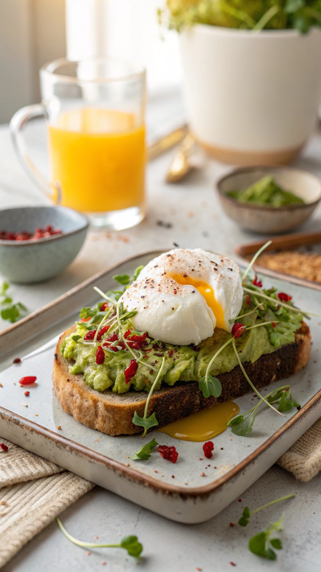 Avocado toast topped with a poached egg, garnished with goji berries and microgreens, served with a glass of orange juice.