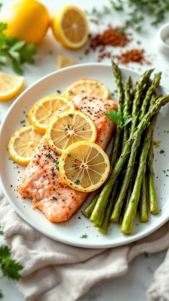 Baked salmon fillet with lemon slices and asparagus on a white plate