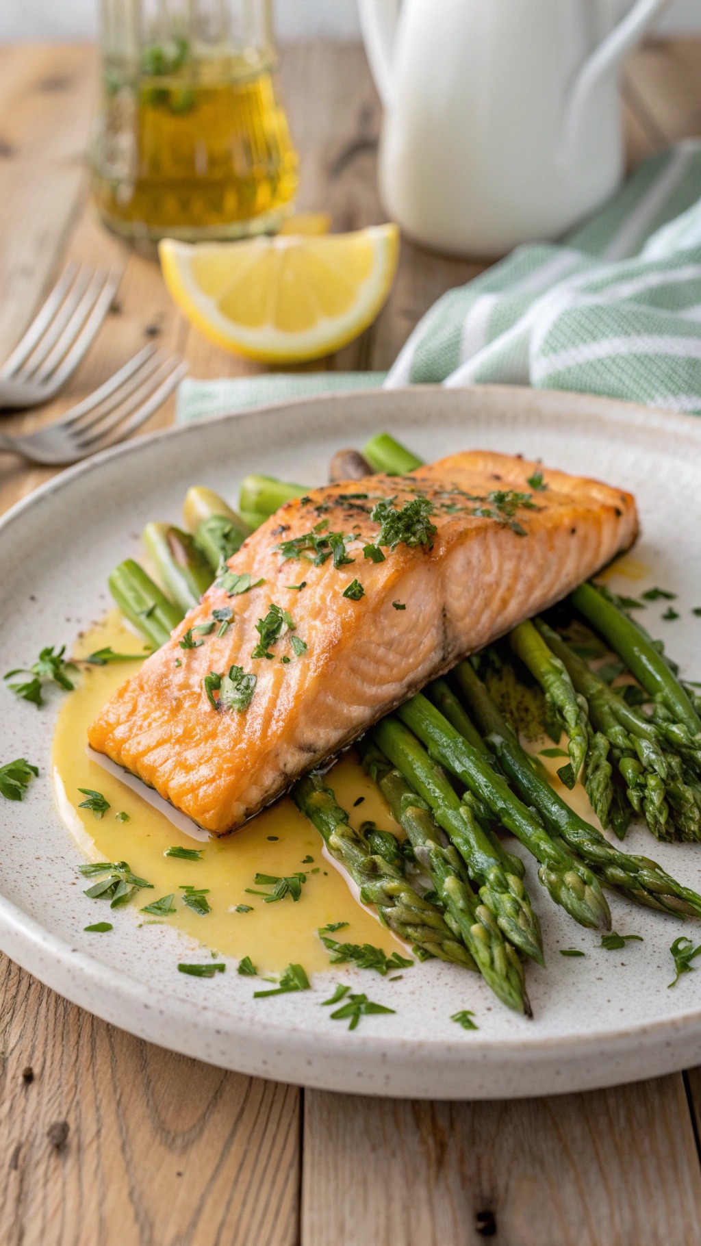 A plate of baked salmon with asparagus, garnished with parsley and lemon slices.