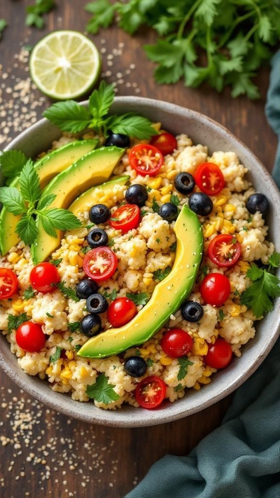 A colorful cauliflower rice bowl topped with avocado, cherry tomatoes, black olives, and fresh herbs.