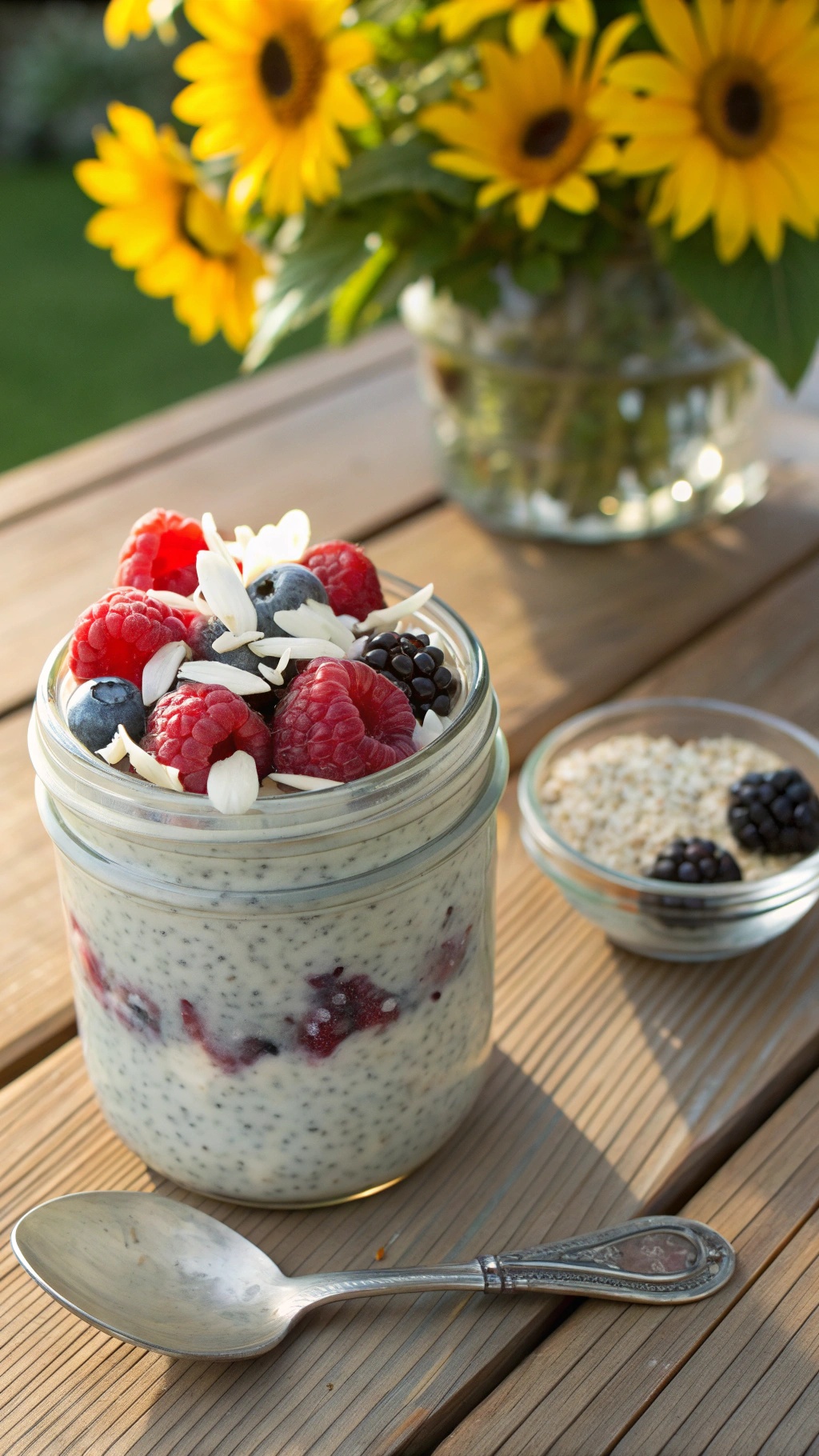 Chia seed pudding topped with fresh berries and almond slivers in a jar