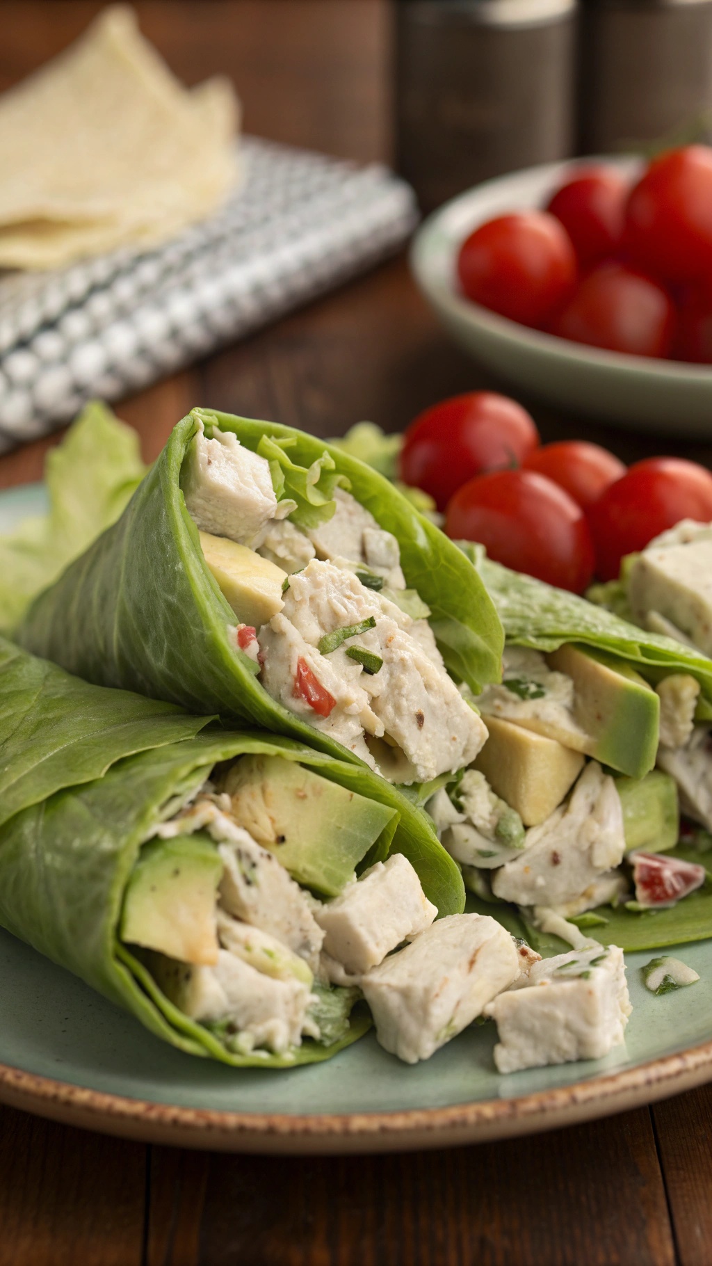 Chicken and avocado salad wraps on a plate with cherry tomatoes in the background.