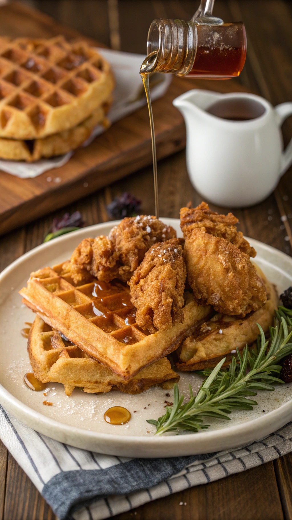 A plate of chicken and waffles with syrup being poured over it.