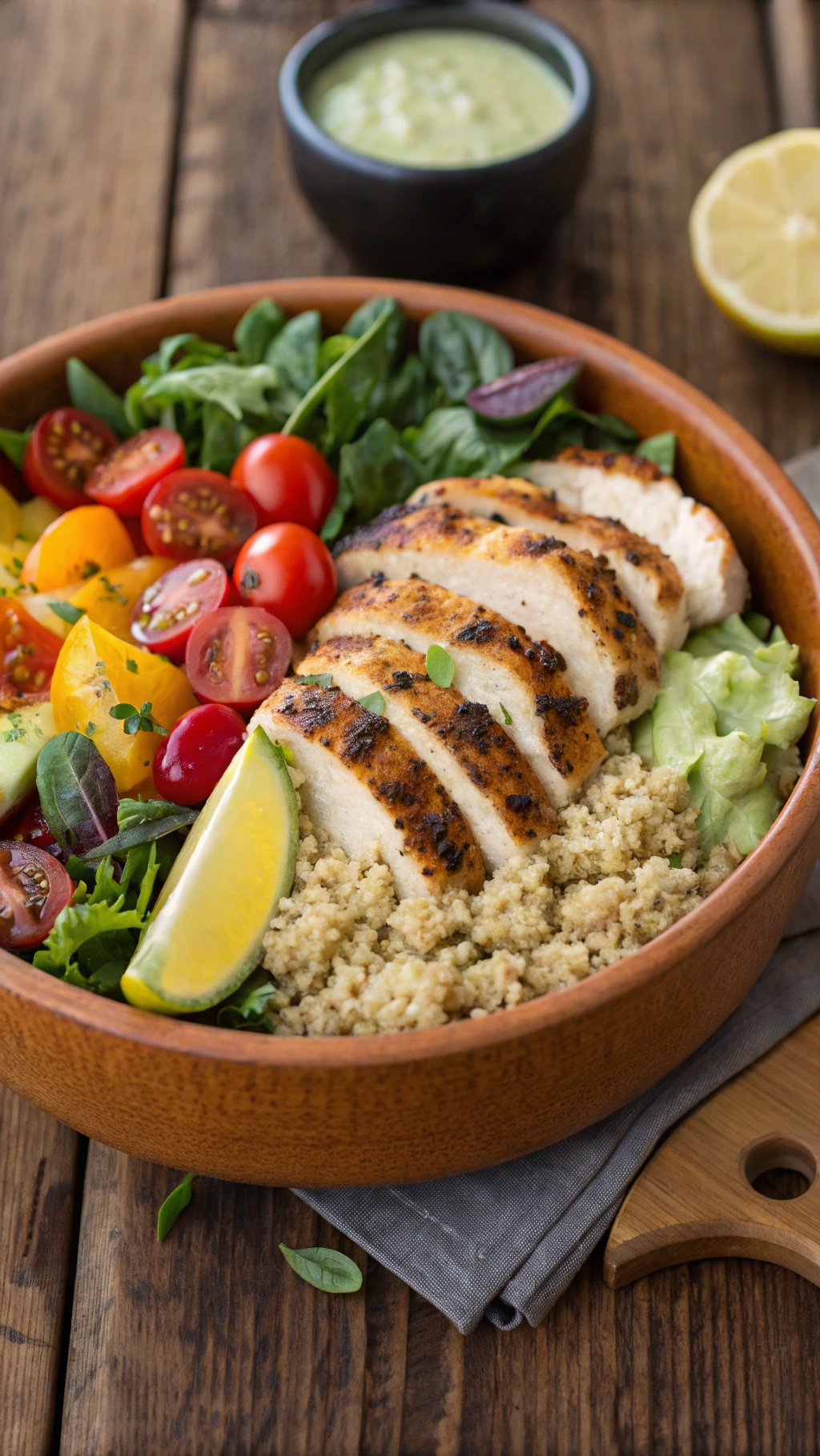 A colorful Chicken Quinoa Bowl with grilled chicken, cherry tomatoes, mixed greens, and quinoa.