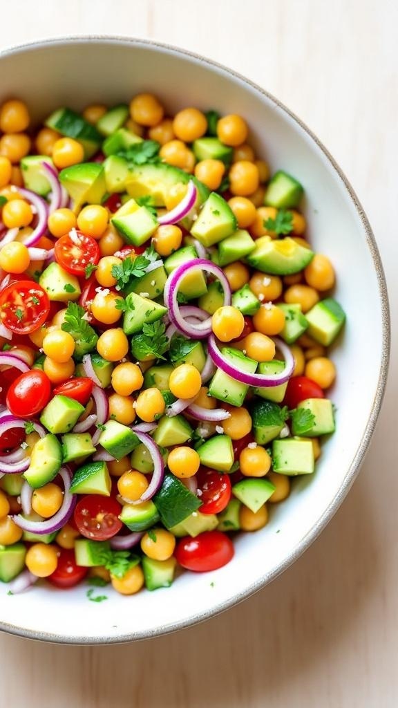 A colorful chickpea salad with avocado, cucumbers, cherry tomatoes, and red onion in a bowl.