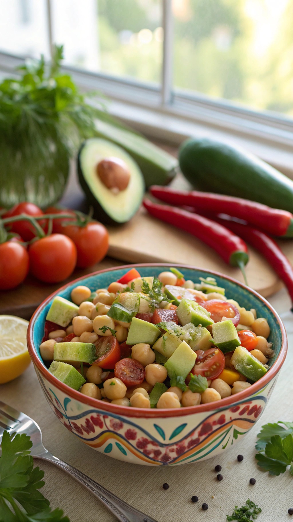 A colorful chickpea salad with avocado, tomatoes, and cucumber in a decorative bowl, surrounded by fresh vegetables.
