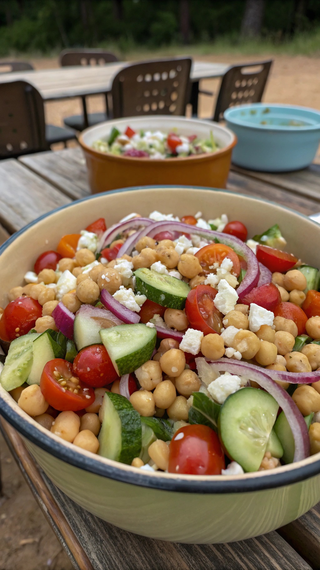 A colorful chickpea salad with cherry tomatoes, cucumbers, red onions, and feta cheese in a large bowl.