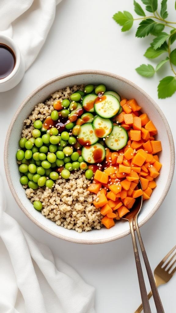 A colorful Edamame and Quinoa Bowl with fresh vegetables and a drizzle of sauce.
