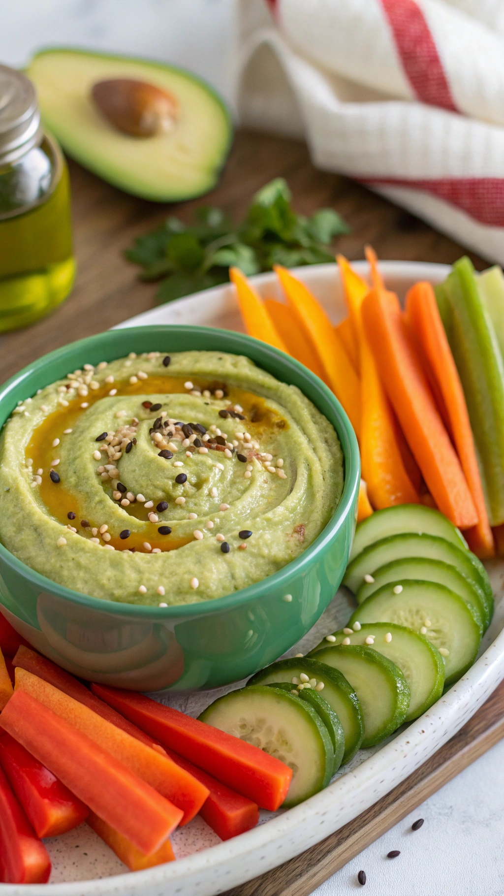 A bowl of edamame hummus topped with olive oil and sesame seeds, surrounded by colorful vegetable sticks.
