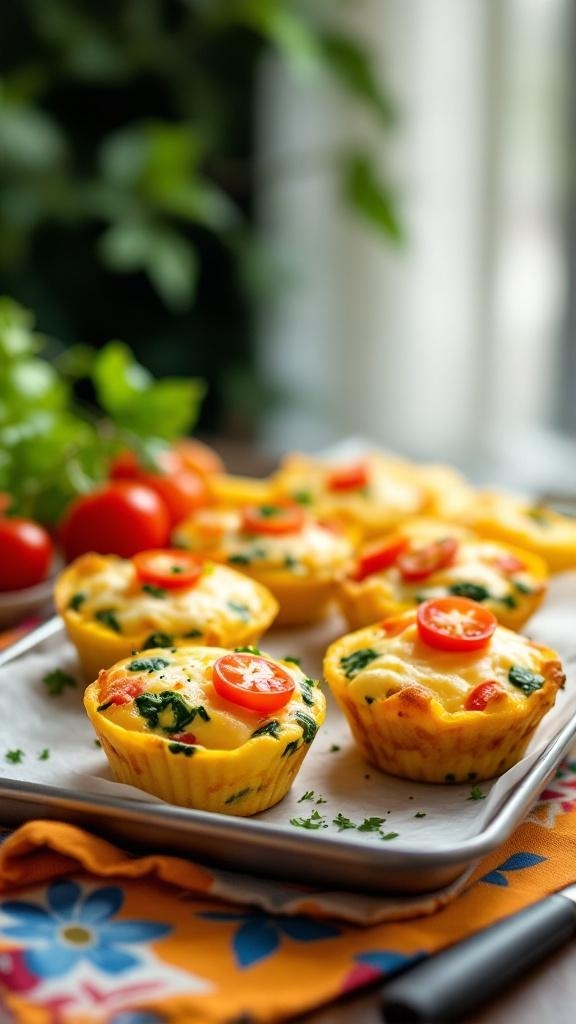 A plate of colorful egg muffins topped with cherry tomatoes and surrounded by fresh ingredients.