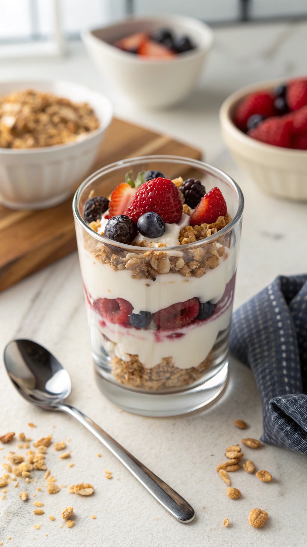 A delicious Greek yogurt parfait with layers of yogurt, granola, and fresh berries.