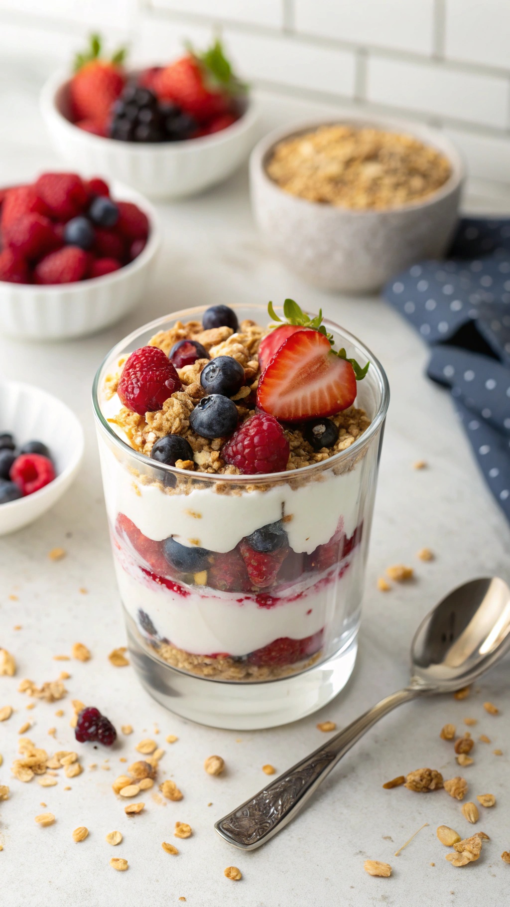 A delicious Greek yogurt parfait with layers of yogurt, berries, and granola in a glass.