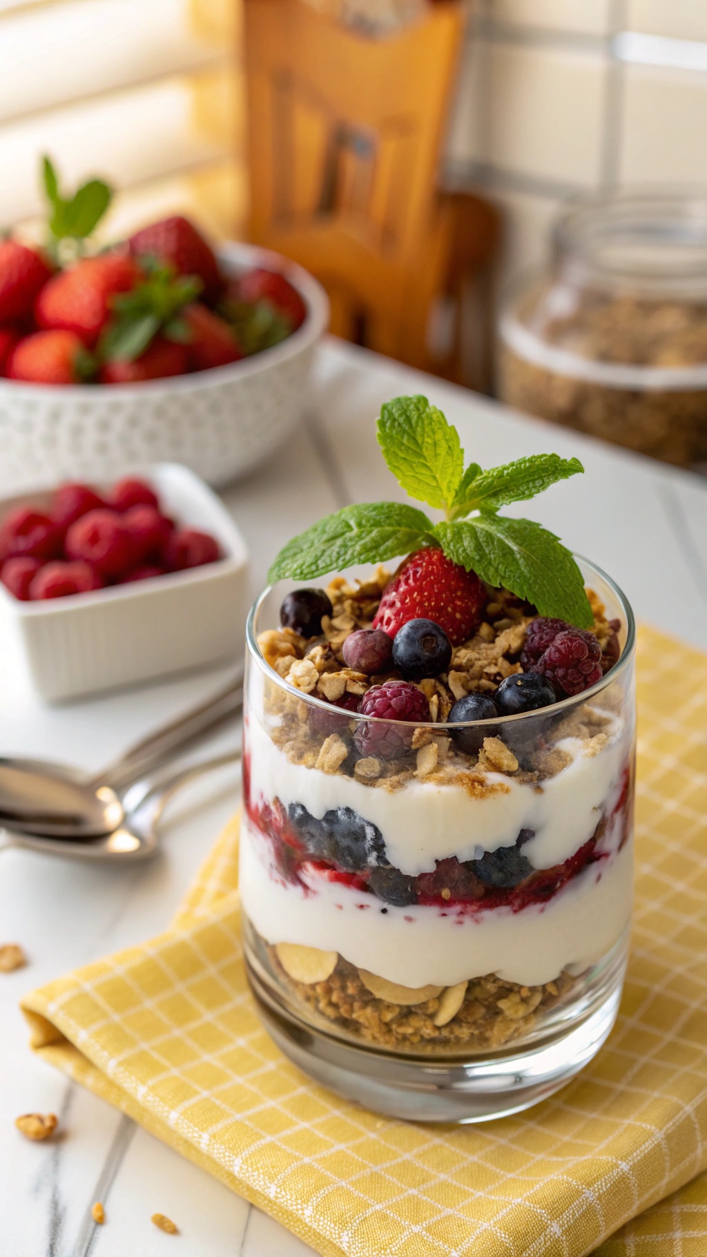A delicious Greek yogurt parfait with layers of yogurt, mixed berries, and granola, garnished with mint.