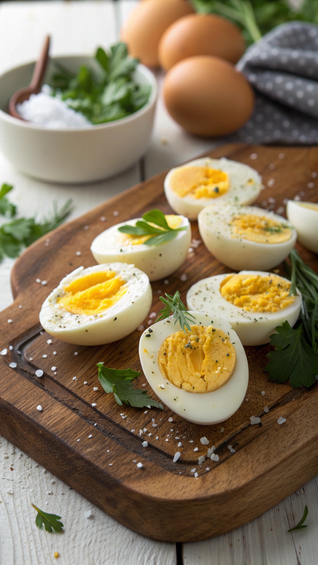 A wooden board with halved hard-boiled eggs garnished with herbs and salt, alongside whole eggs and a bowl of salt.