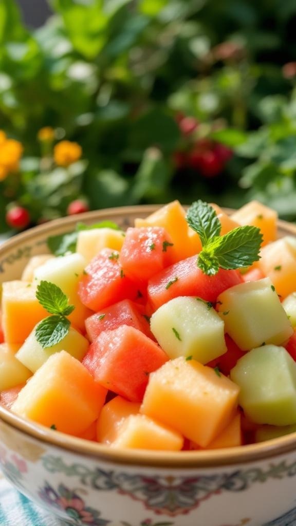 A bowl of mixed melons including watermelon, cantaloupe, and honeydew, garnished with mint leaves.