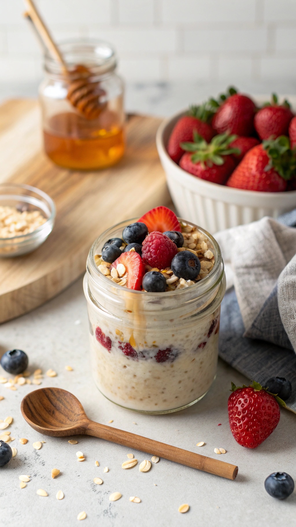 A jar of overnight oats topped with fresh berries, honey, and a wooden spoon beside it.