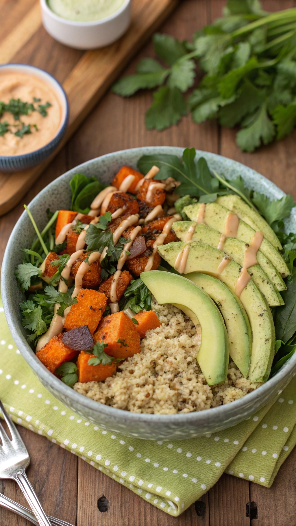 A nutritious quinoa and veggie bowl with sweet potatoes, avocado, and greens.