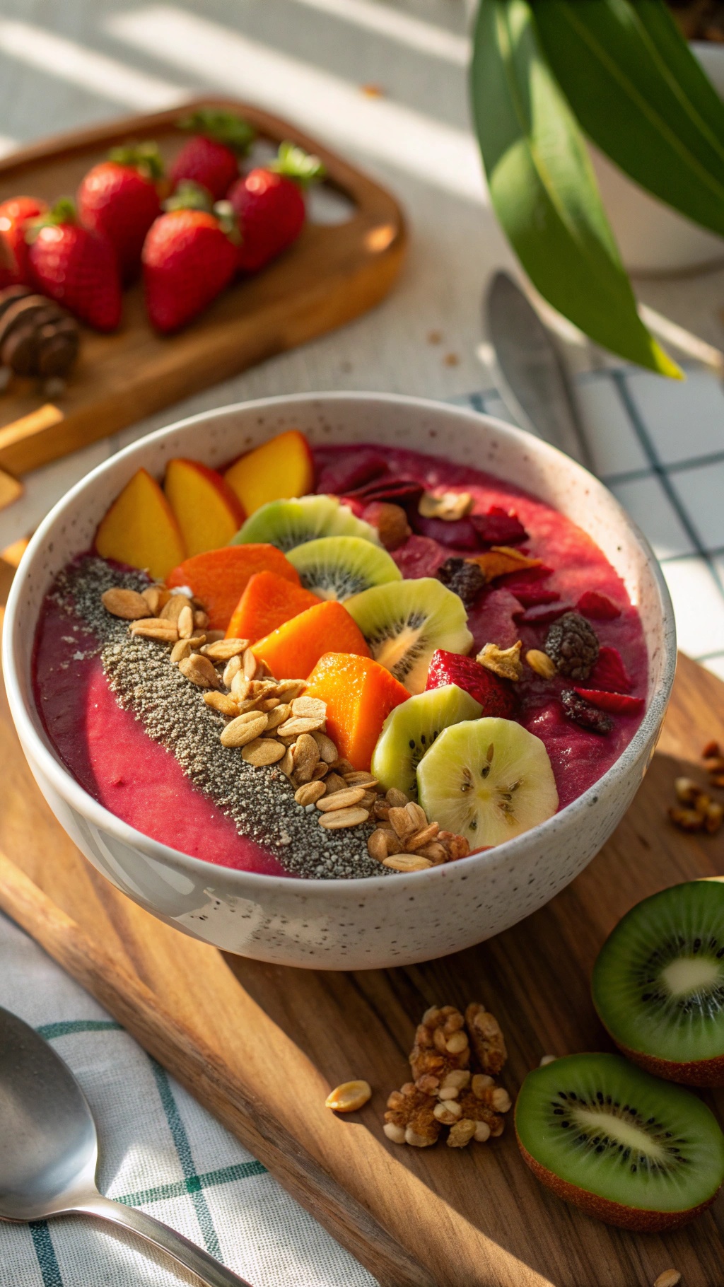 A colorful smoothie bowl topped with fresh fruits, seeds, and granola.