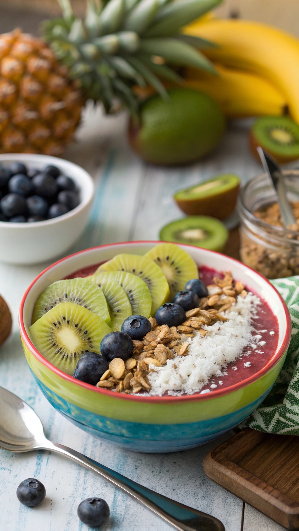 A colorful smoothie bowl topped with kiwi, blueberries, granola, and coconut.