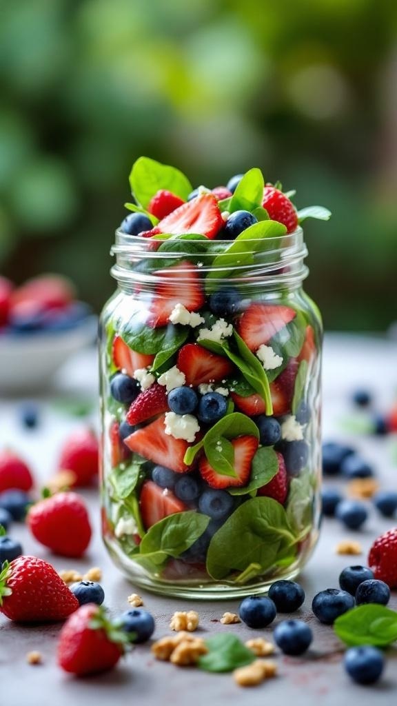 A colorful spinach and berry salad jar filled with strawberries, blueberries, and feta cheese, surrounded by fresh berries.