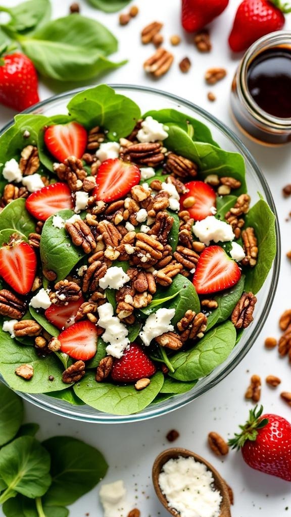 A vibrant spinach and strawberry salad with pecans and feta cheese in a glass bowl.