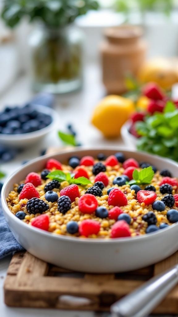 A colorful quinoa and berry breakfast casserole topped with fresh berries and mint leaves.