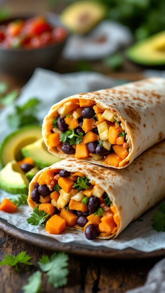 Two sweet potato and black bean burritos on a plate, garnished with cilantro and avocado slices.
