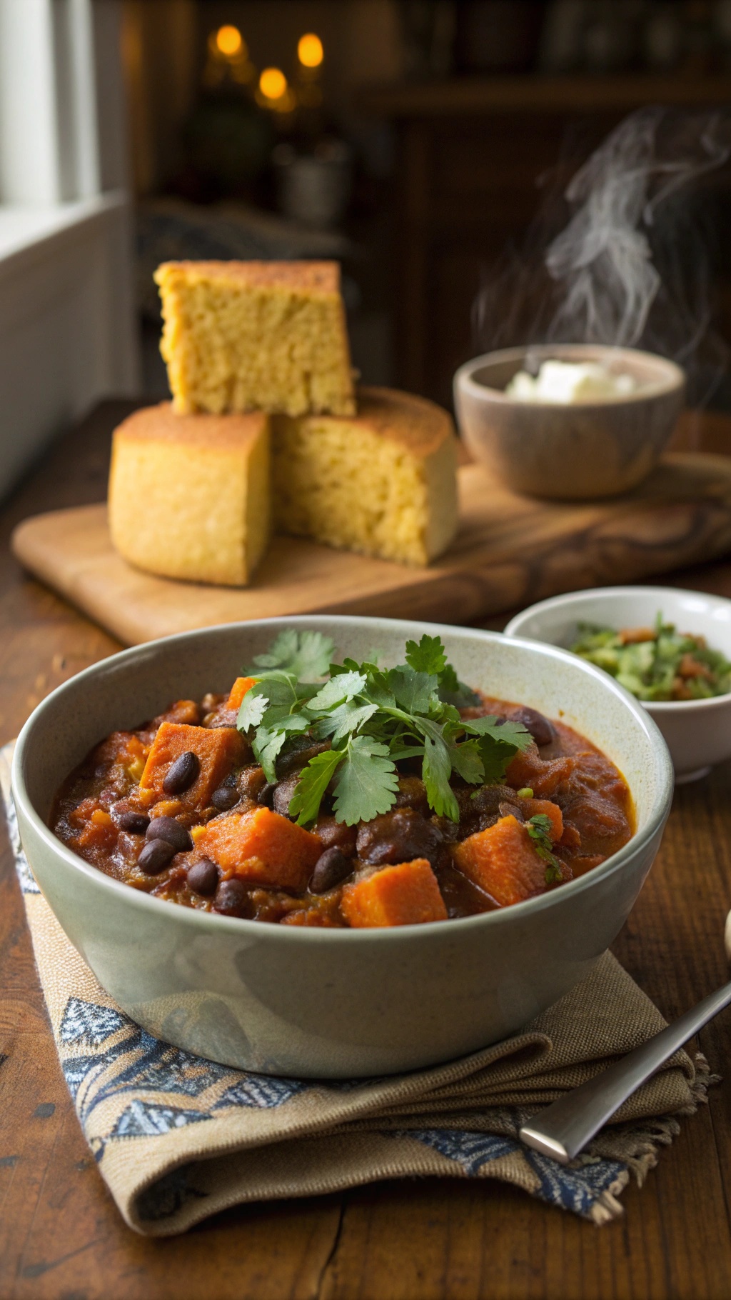 A bowl of sweet potato and black bean chili garnished with cilantro, with cornbread in the background.
