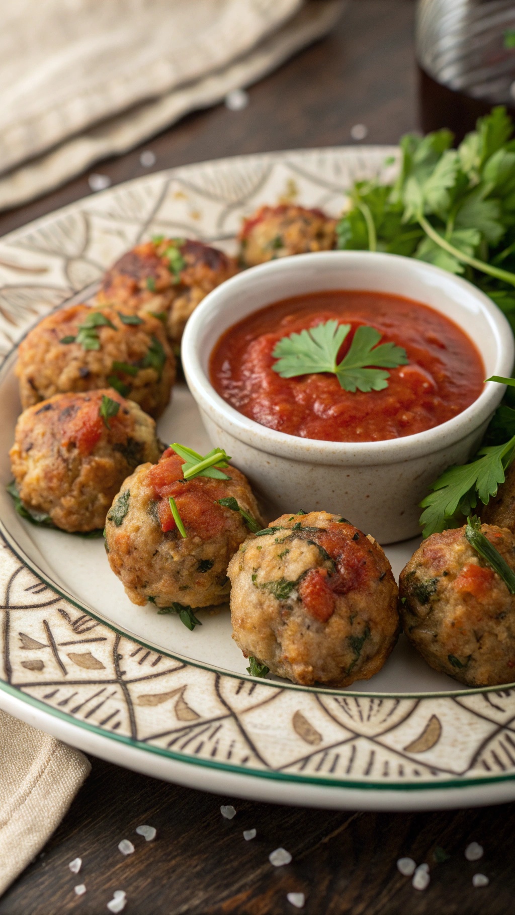 A plate of turkey and veggie meatballs served with marinara sauce and garnished with herbs.