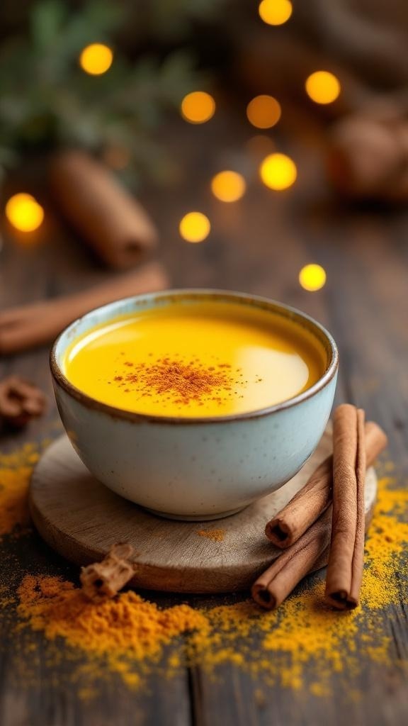 A cozy cup of turmeric golden milk with cinnamon sticks and warm lighting.