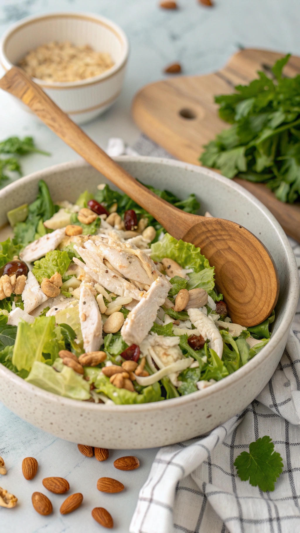 A bowl of nutritious Whole30 chicken salad with greens, shredded chicken, nuts, and a wooden spoon.