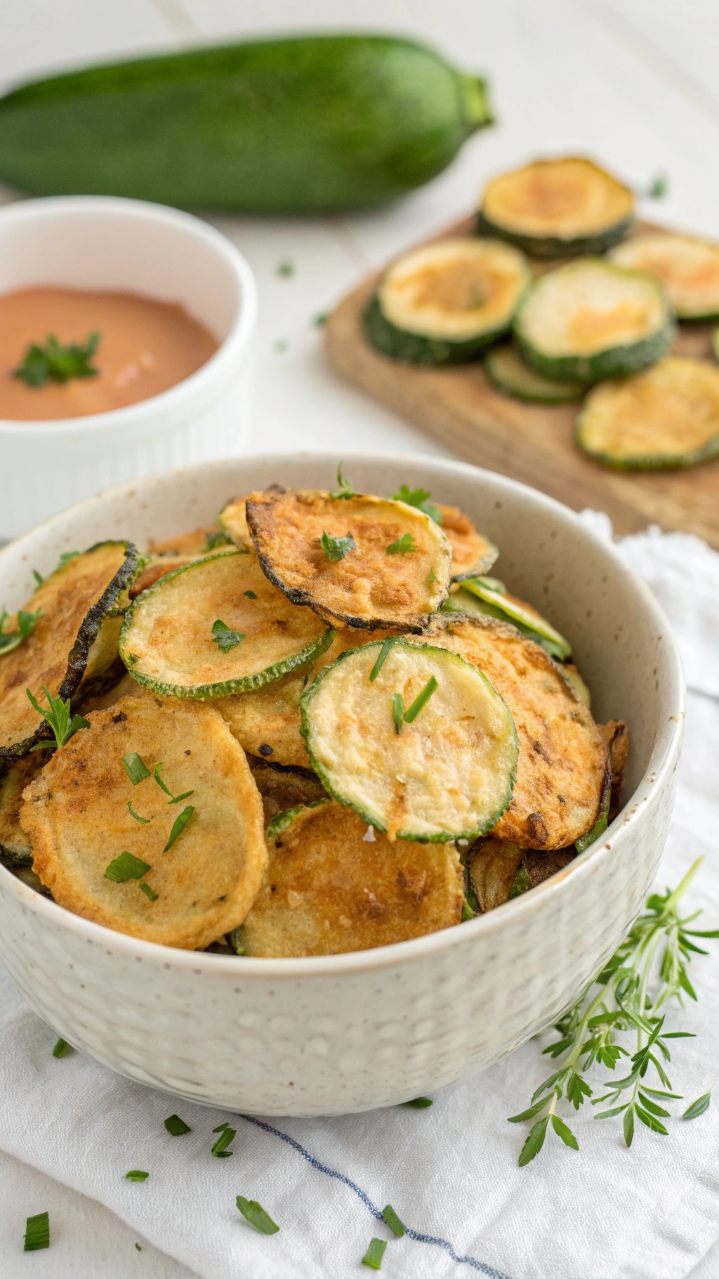A bowl of crispy zucchini chips garnished with herbs, with a whole zucchini and more chips in the background.