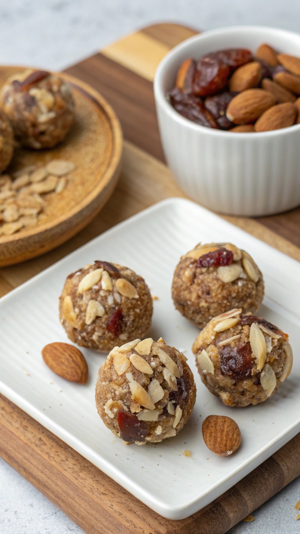 Nutty almond and date energy balls on a plate with almonds and dates in the background.