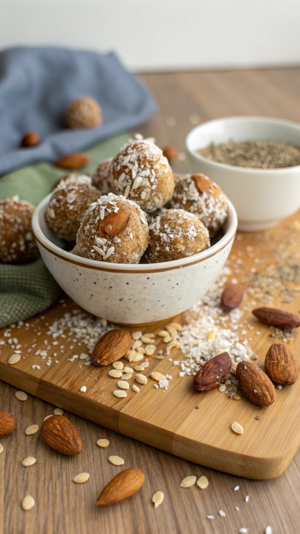 A bowl of nutty almond butter energy balls topped with coconut flakes and almonds, surrounded by scattered almonds and seeds on a wooden board.